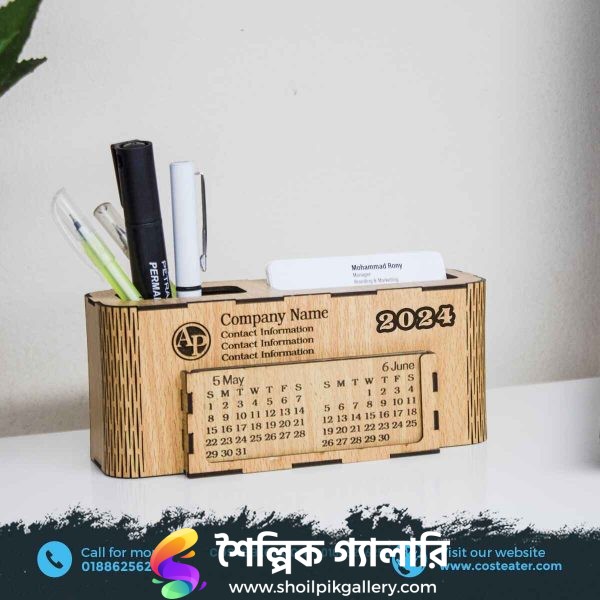 Wooden Calendar, Pen Holder, Card Holder, and Mobile Stand